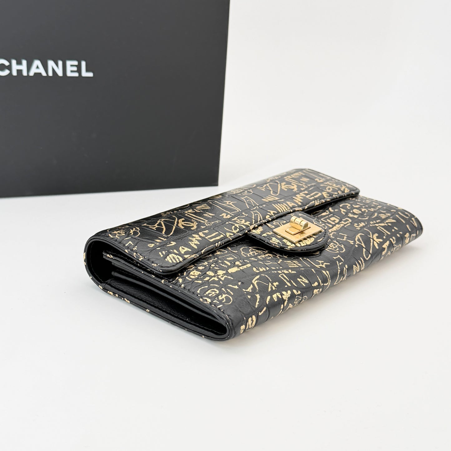 CHANEL 2.55 Long Wallet Croco Embossed Black Gold CC