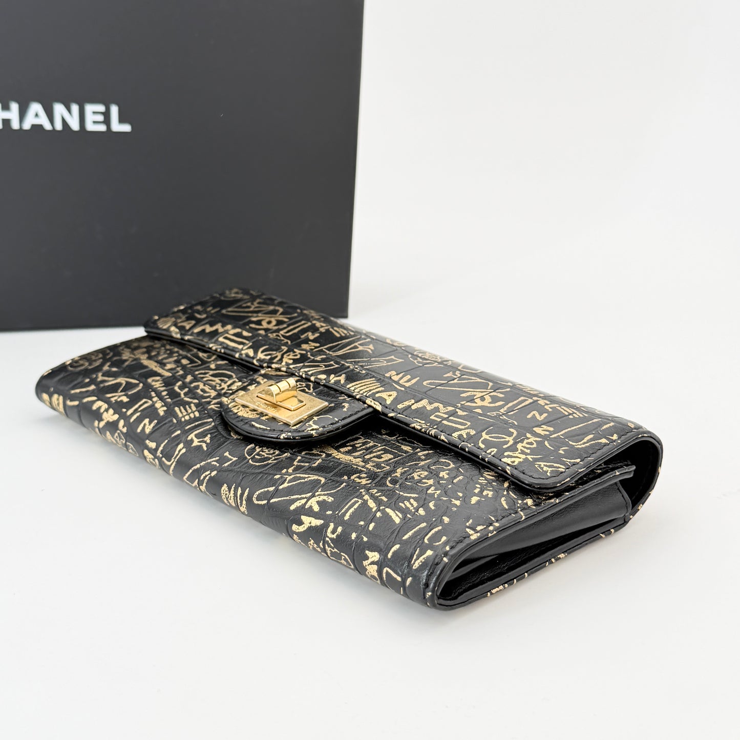CHANEL 2.55 Long Wallet Croco Embossed Black Gold CC