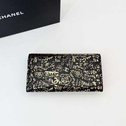 CHANEL 2.55 Long Wallet Croco Embossed Black Gold CC