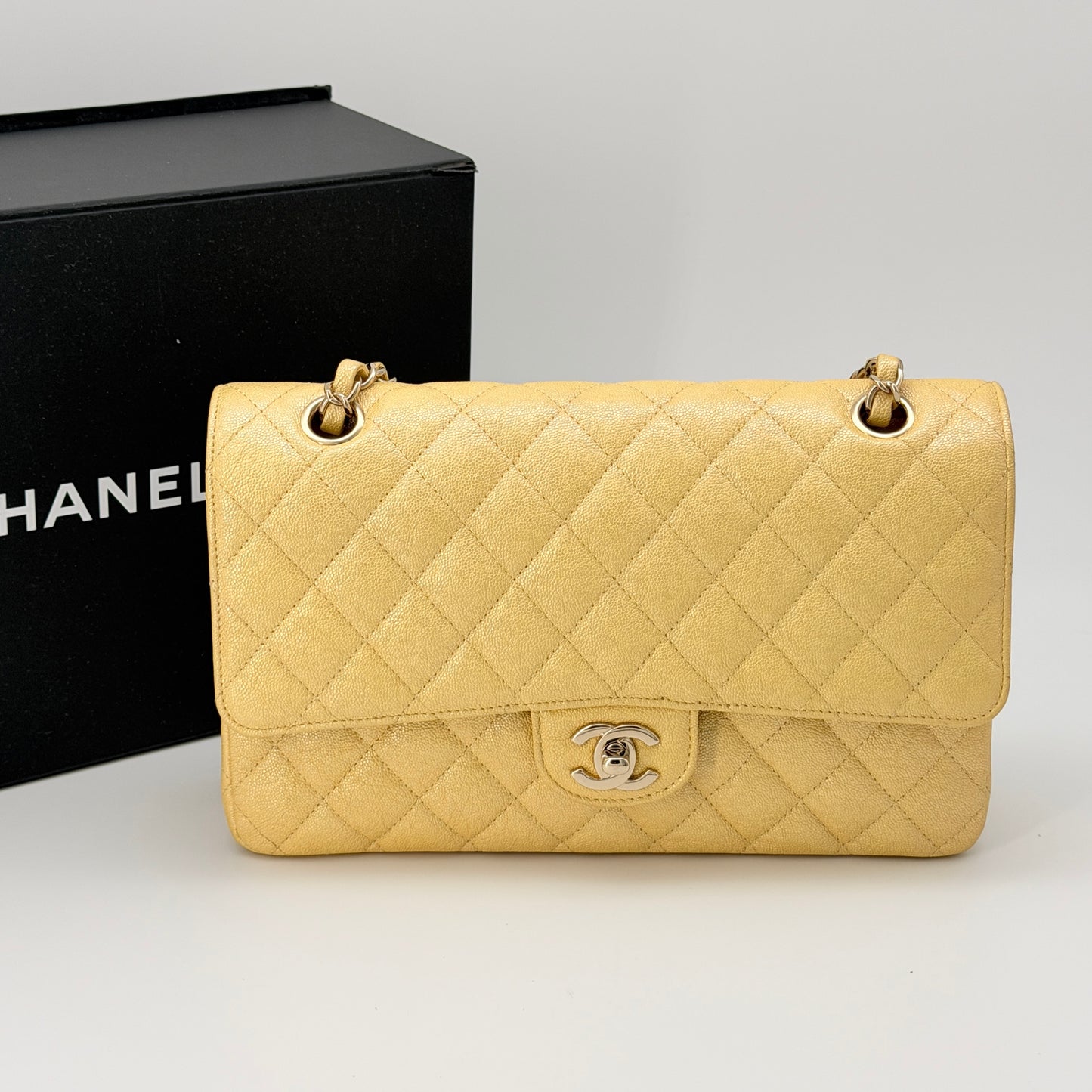 Chanel Iridescent Caviar Quilted Medium Double Flap Yellow