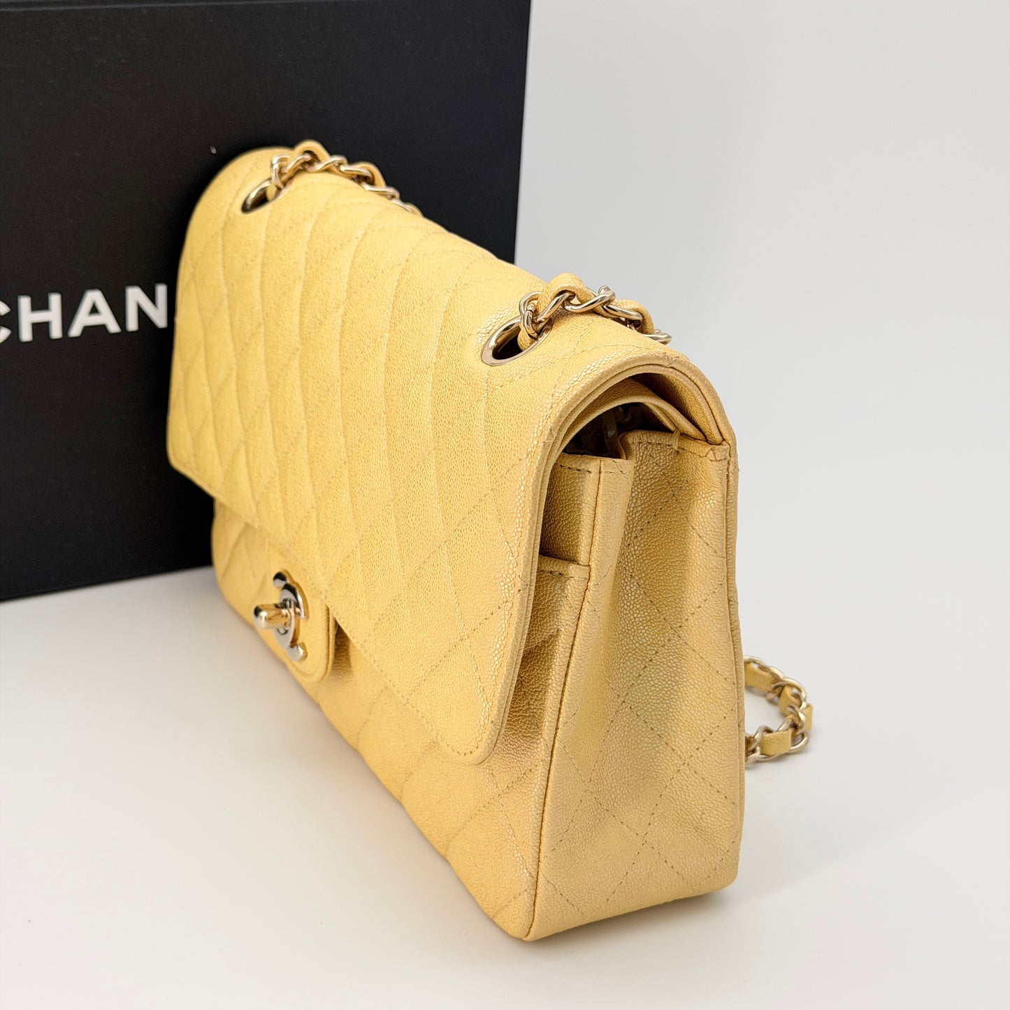 Chanel Iridescent Caviar Quilted Medium Double Flap Yellow