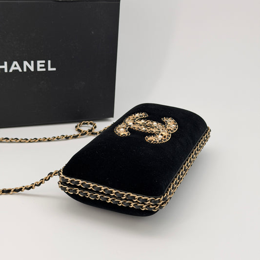 Chanel Black Velour CC Chain Around Evening Clutch – Gold