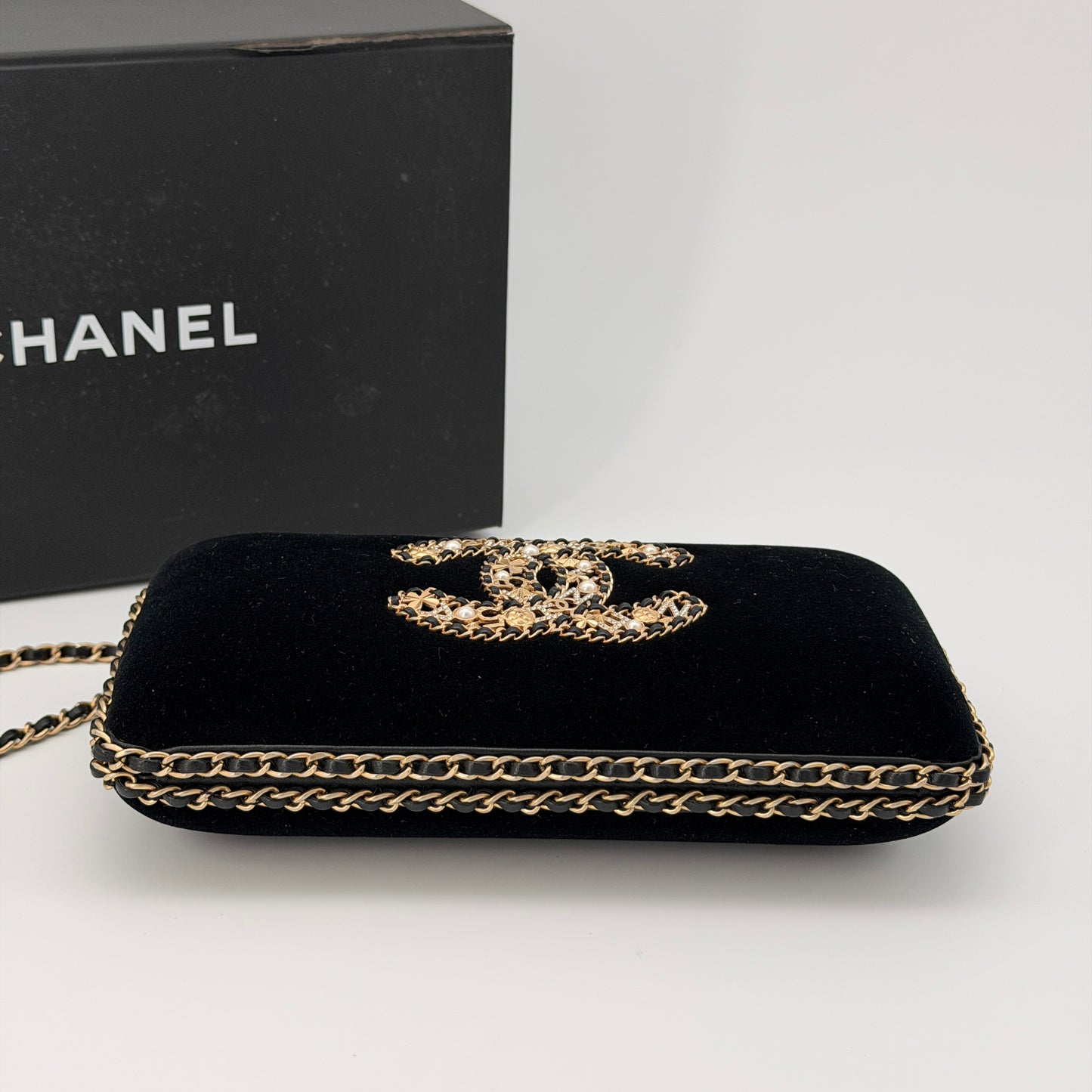 Chanel Black Velour CC Chain Around Evening Clutch – Gold