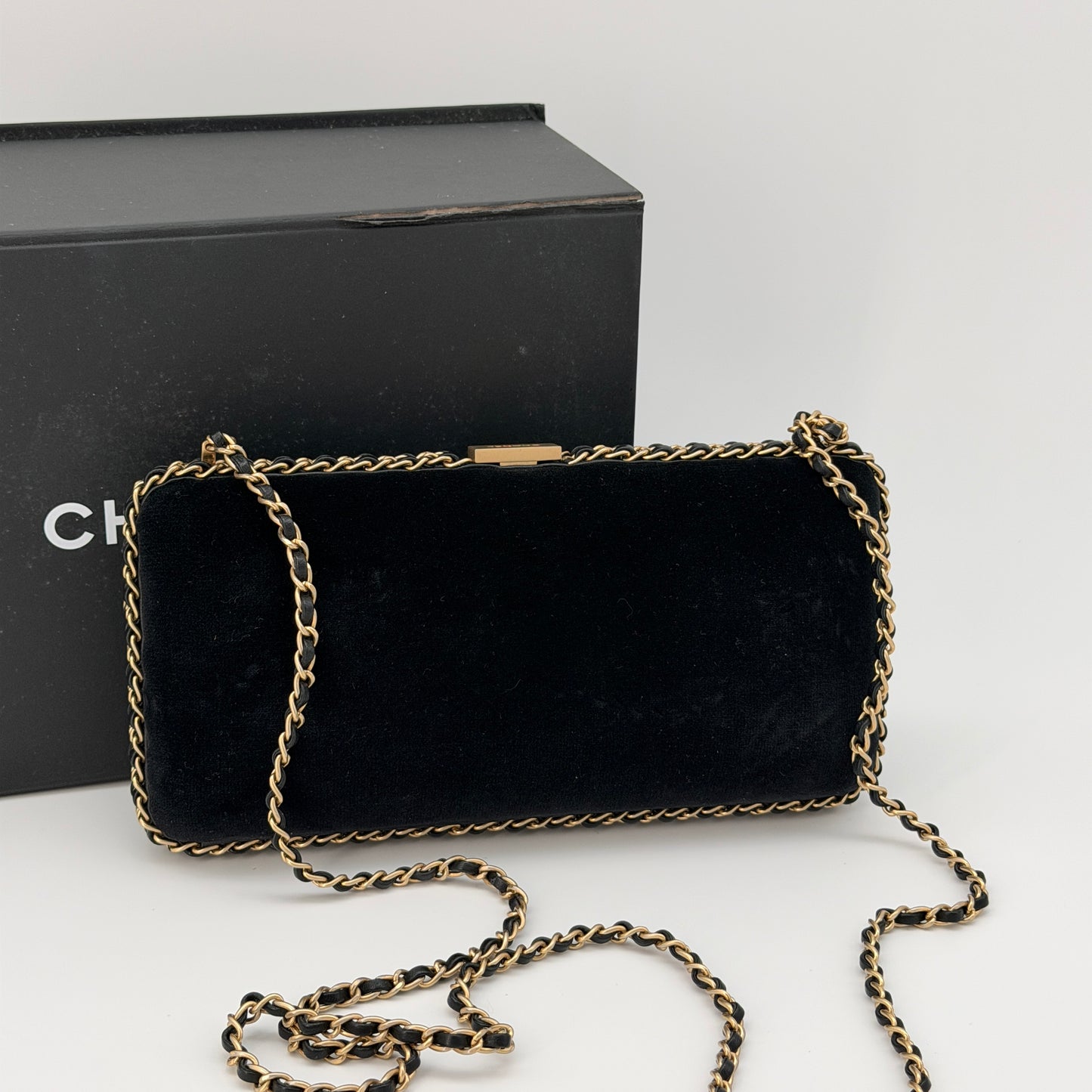 Chanel Black Velour CC Chain Around Evening Clutch – Gold