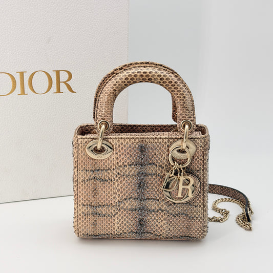 Christian Dior Leather Lady Dior Mini - Metallic Handle Bag