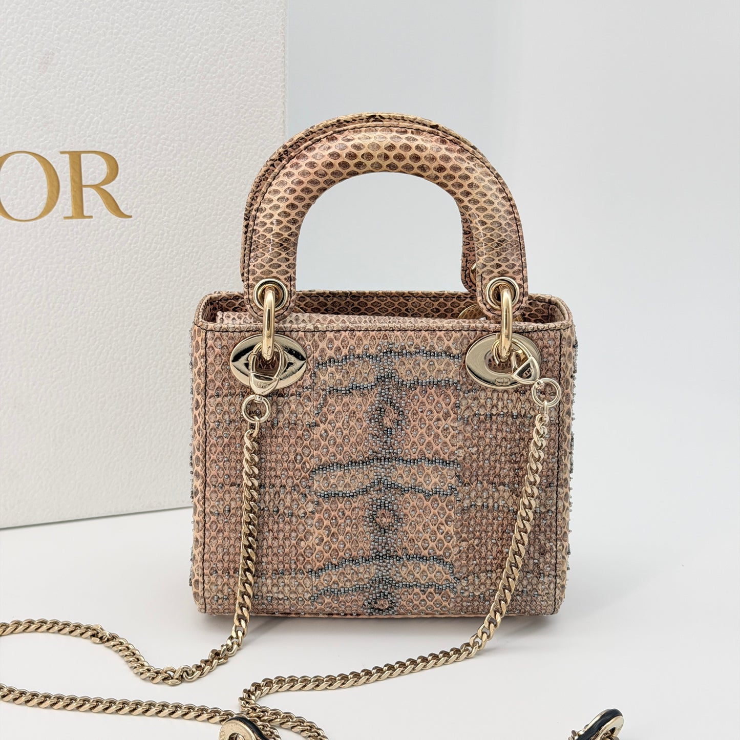 Christian Dior Leather Lady Dior Mini - Metallic Handle Bag