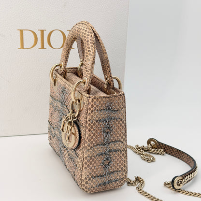Christian Dior Leather Lady Dior Mini - Metallic Handle Bag