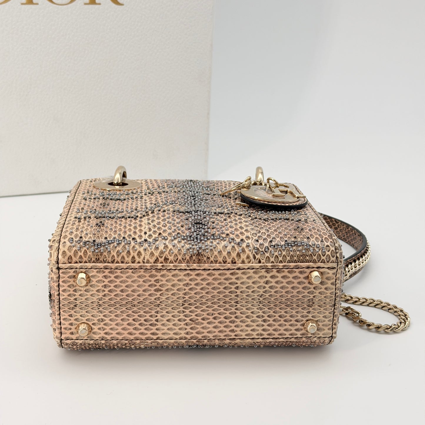Christian Dior Leather Lady Dior Mini - Metallic Handle Bag