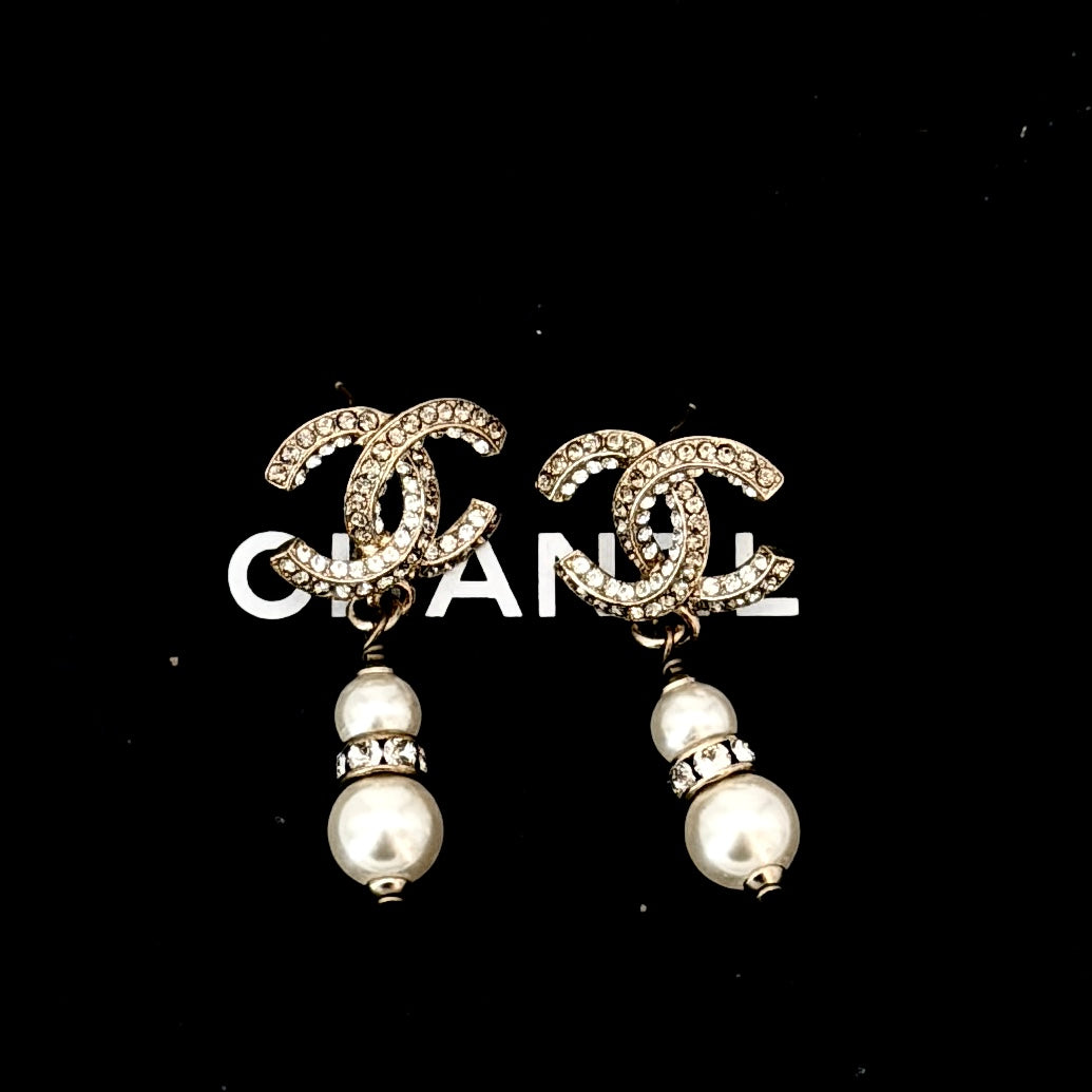 Chanel CC Gold Tone Faux Pearl Drop Earrings