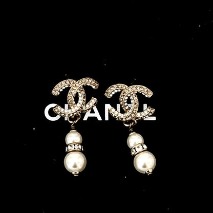 Chanel CC Gold Tone Faux Pearl Drop Earrings