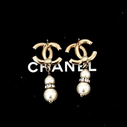 Chanel CC Gold Tone Faux Pearl Drop Earrings