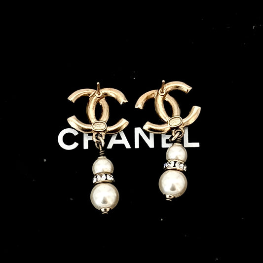 Chanel CC Gold Tone Faux Pearl Drop Earrings