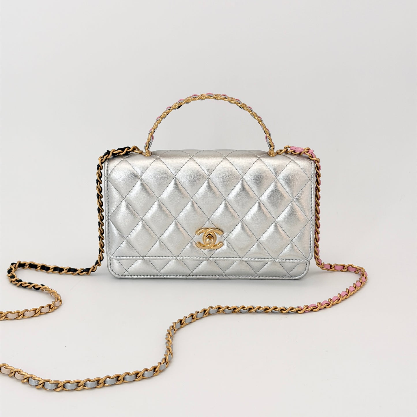 Chanel Silver Flap Top Handle Crossbody Bag