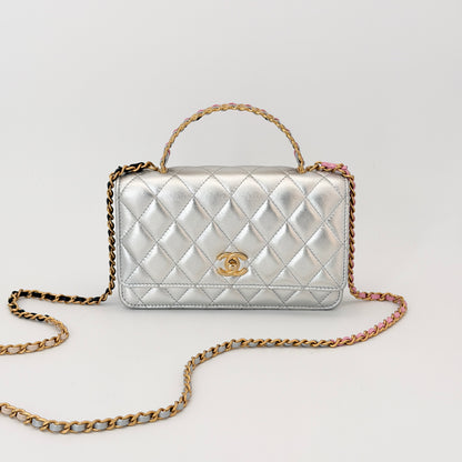 Chanel Silver Flap Top Handle Crossbody Bag