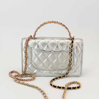 Chanel Silver Flap Top Handle Crossbody Bag
