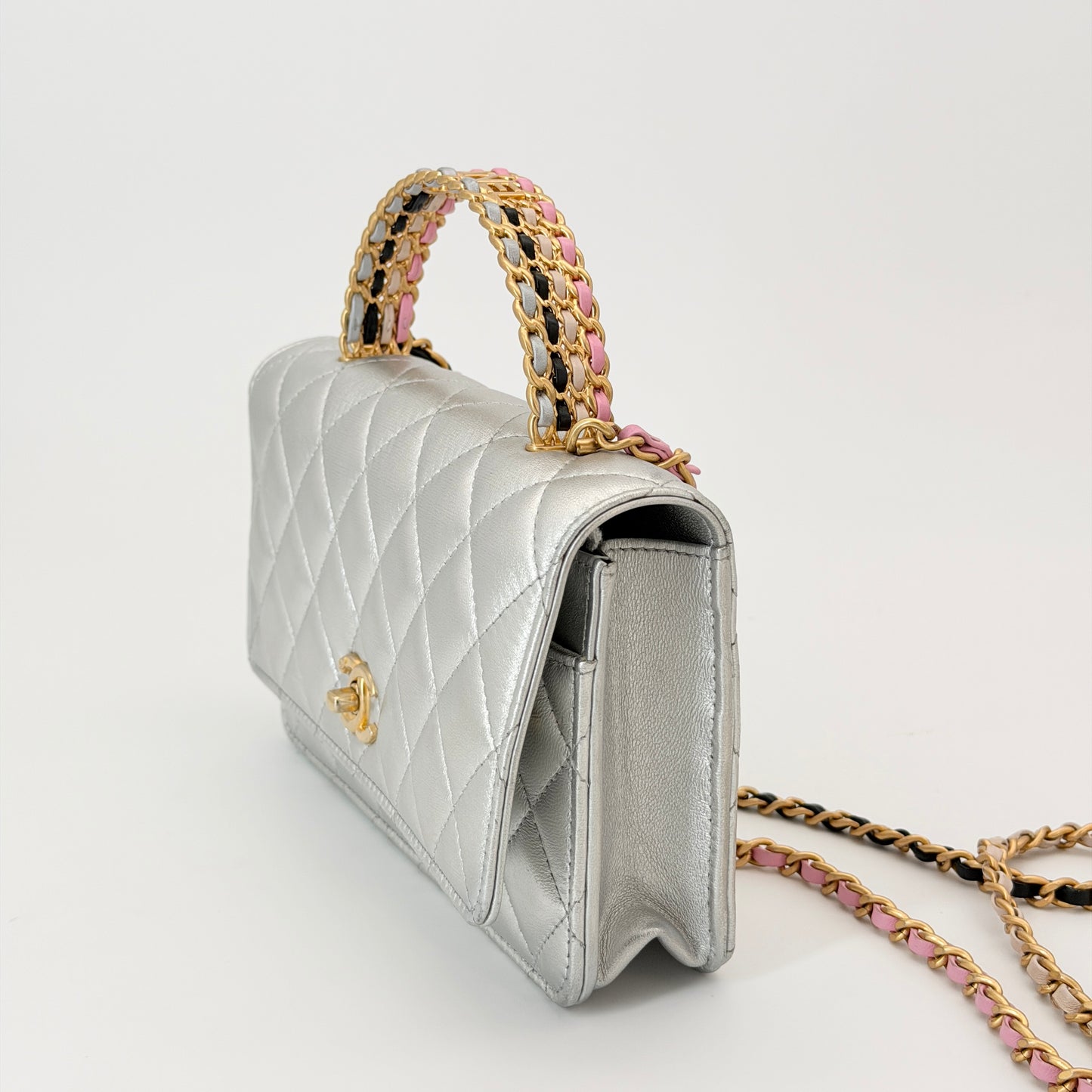 Chanel Silver Flap Top Handle Crossbody Bag