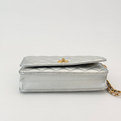 Chanel Silver Flap Top Handle Crossbody Bag
