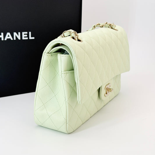Chanel Caviar Quilted Medium Double Flap Light Green