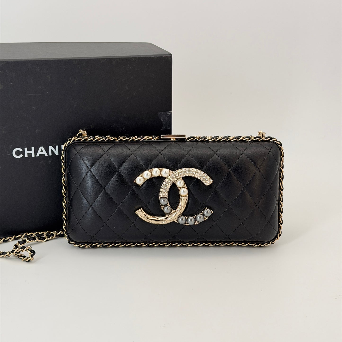 Chanel Lambskin Quilted Pearl Crystal Chain Around Clutch