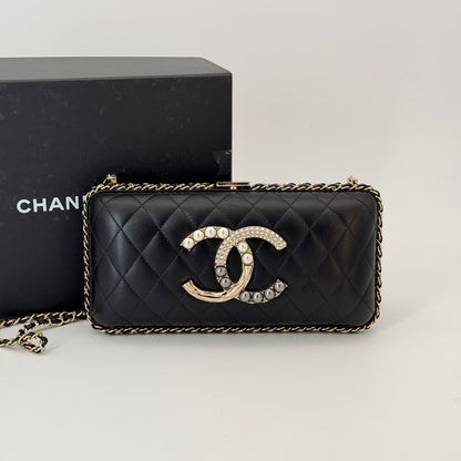 Chanel Lambskin Quilted Pearl Crystal Chain Around Clutch