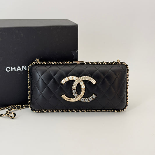 Chanel Lambskin Quilted Pearl Crystal Chain Around Clutch