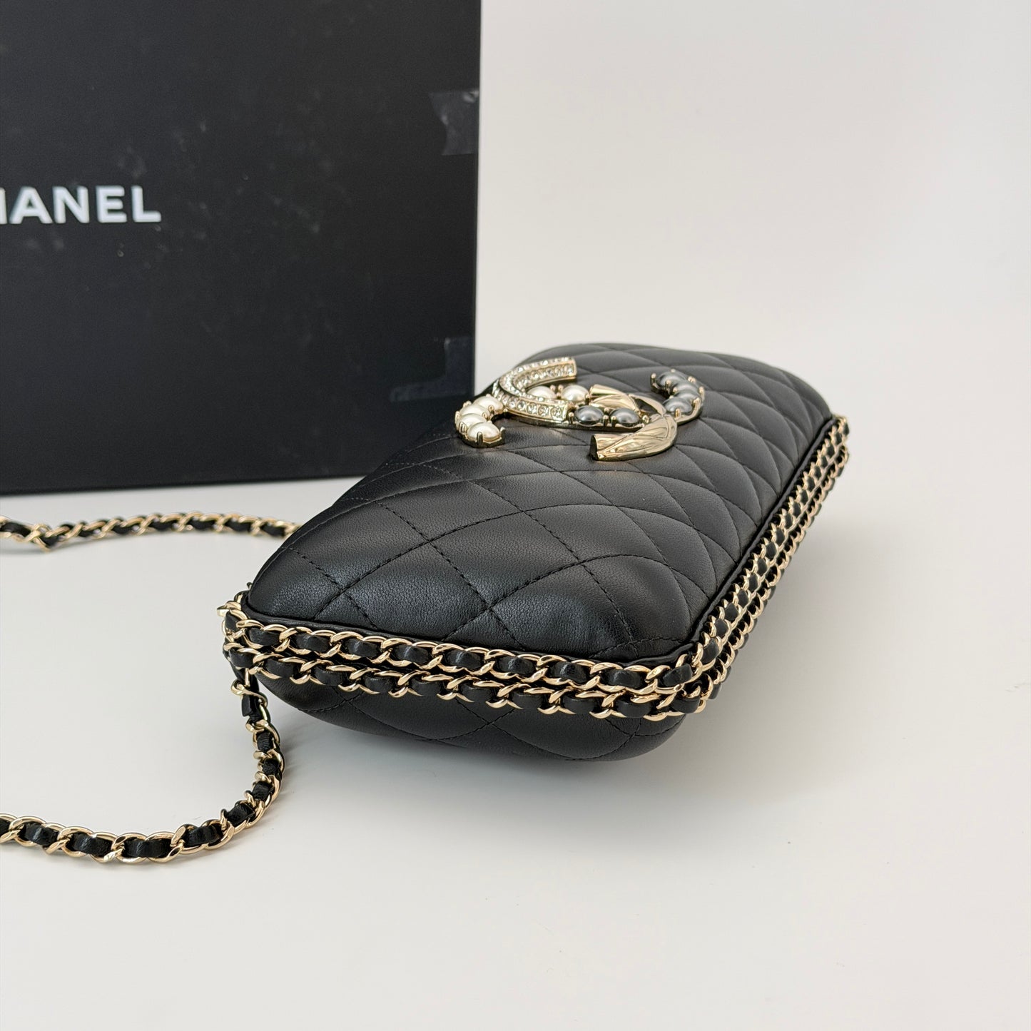Chanel Lambskin Quilted Pearl Crystal Chain Around Clutch
