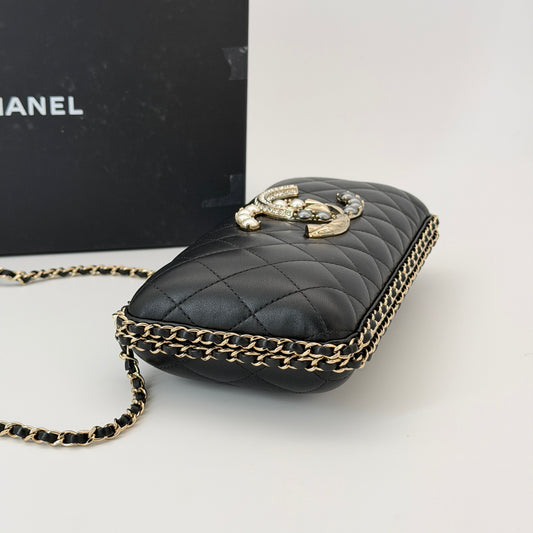 Chanel Lambskin Quilted Pearl Crystal Chain Around Clutch