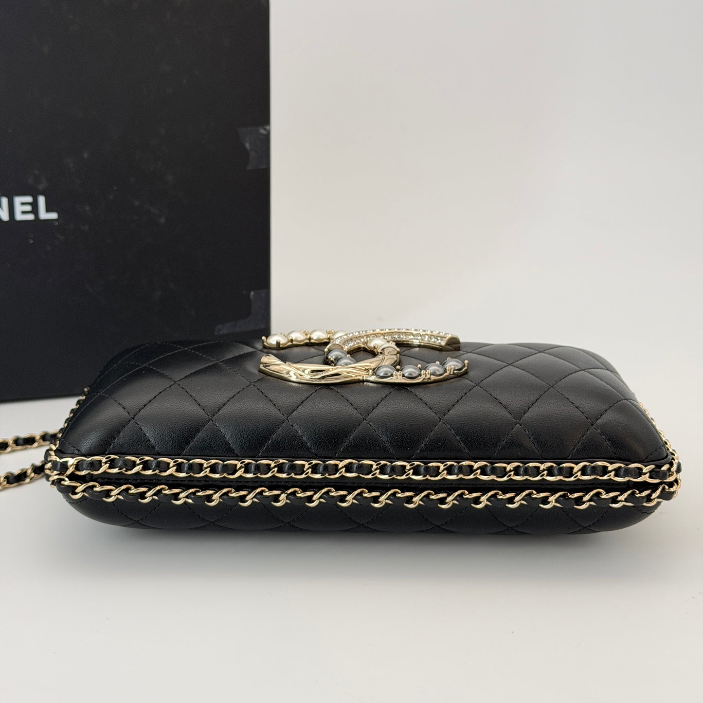 Chanel Lambskin Quilted Pearl Crystal Chain Around Clutch
