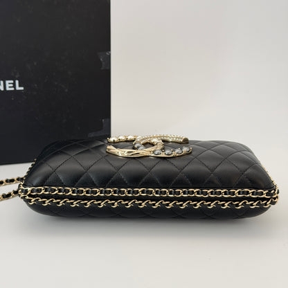 Chanel Lambskin Quilted Pearl Crystal Chain Around Clutch
