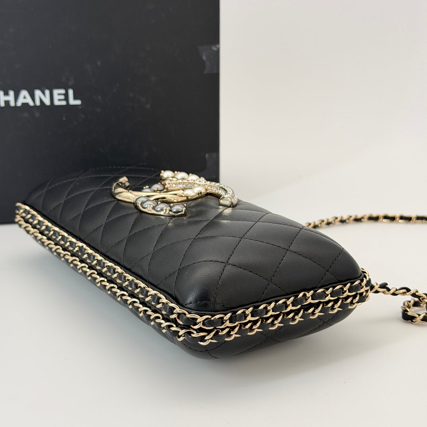 Chanel Lambskin Quilted Pearl Crystal Chain Around Clutch