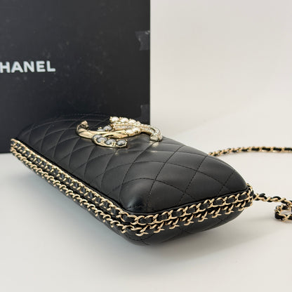 Chanel Lambskin Quilted Pearl Crystal Chain Around Clutch