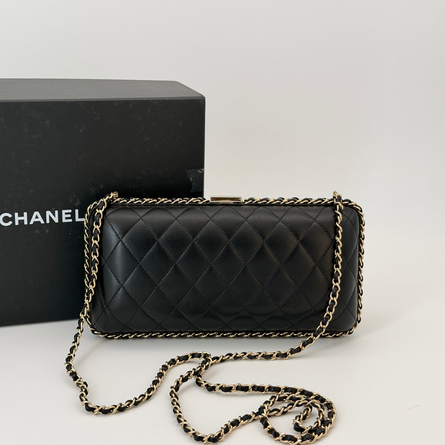 Chanel Lambskin Quilted Pearl Crystal Chain Around Clutch