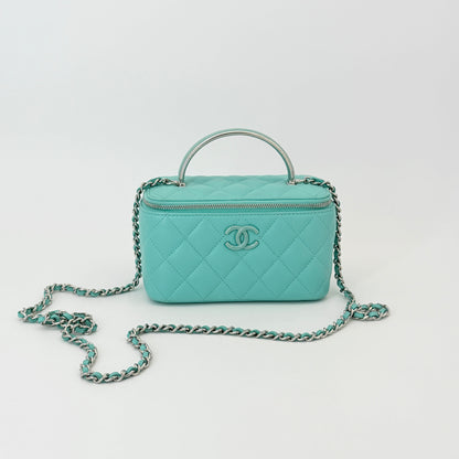 Chanel Lambskin Quilted Small Top Handle Vanity Case With Chain Turquoise