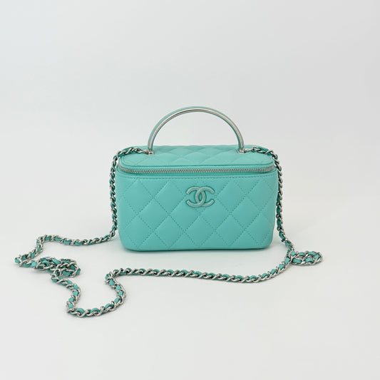 Chanel Lambskin Quilted Small Top Handle Vanity Case With Chain Turquoise