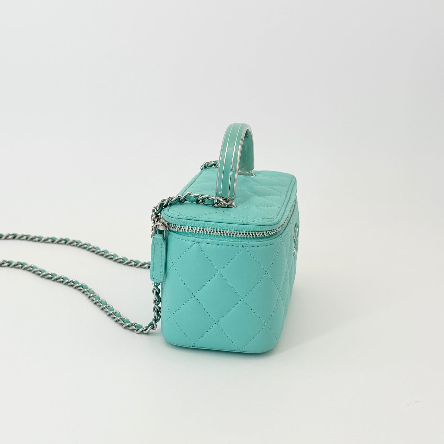 Chanel Lambskin Quilted Small Top Handle Vanity Case With Chain Turquoise