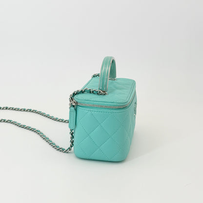 Chanel Lambskin Quilted Small Top Handle Vanity Case With Chain Turquoise