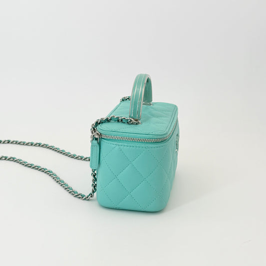 Chanel Lambskin Quilted Small Top Handle Vanity Case With Chain Turquoise