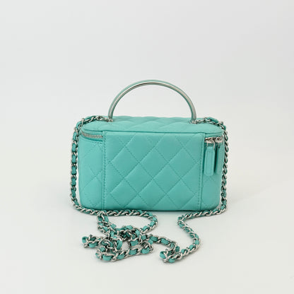 Chanel Lambskin Quilted Small Top Handle Vanity Case With Chain Turquoise