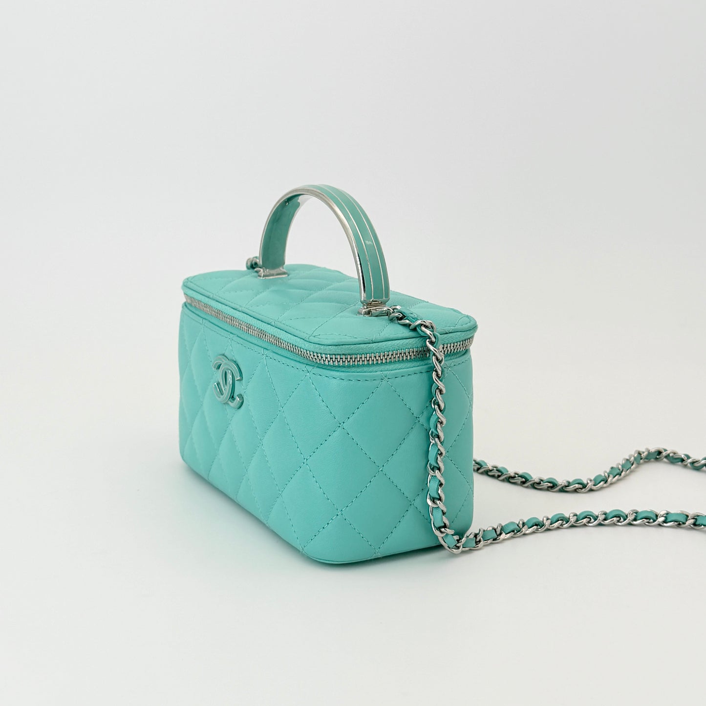 Chanel Lambskin Quilted Small Top Handle Vanity Case With Chain Turquoise