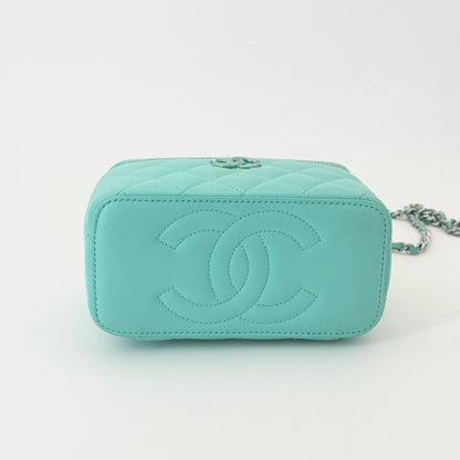 Chanel Lambskin Quilted Small Top Handle Vanity Case With Chain Turquoise