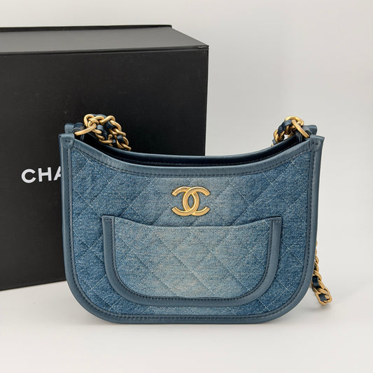 Chanel Washed Denim Quilted Hobo Blue