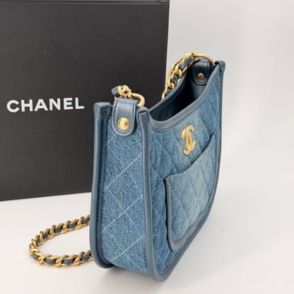 Chanel Washed Denim Quilted Hobo Blue