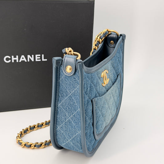 Chanel Washed Denim Quilted Hobo Blue