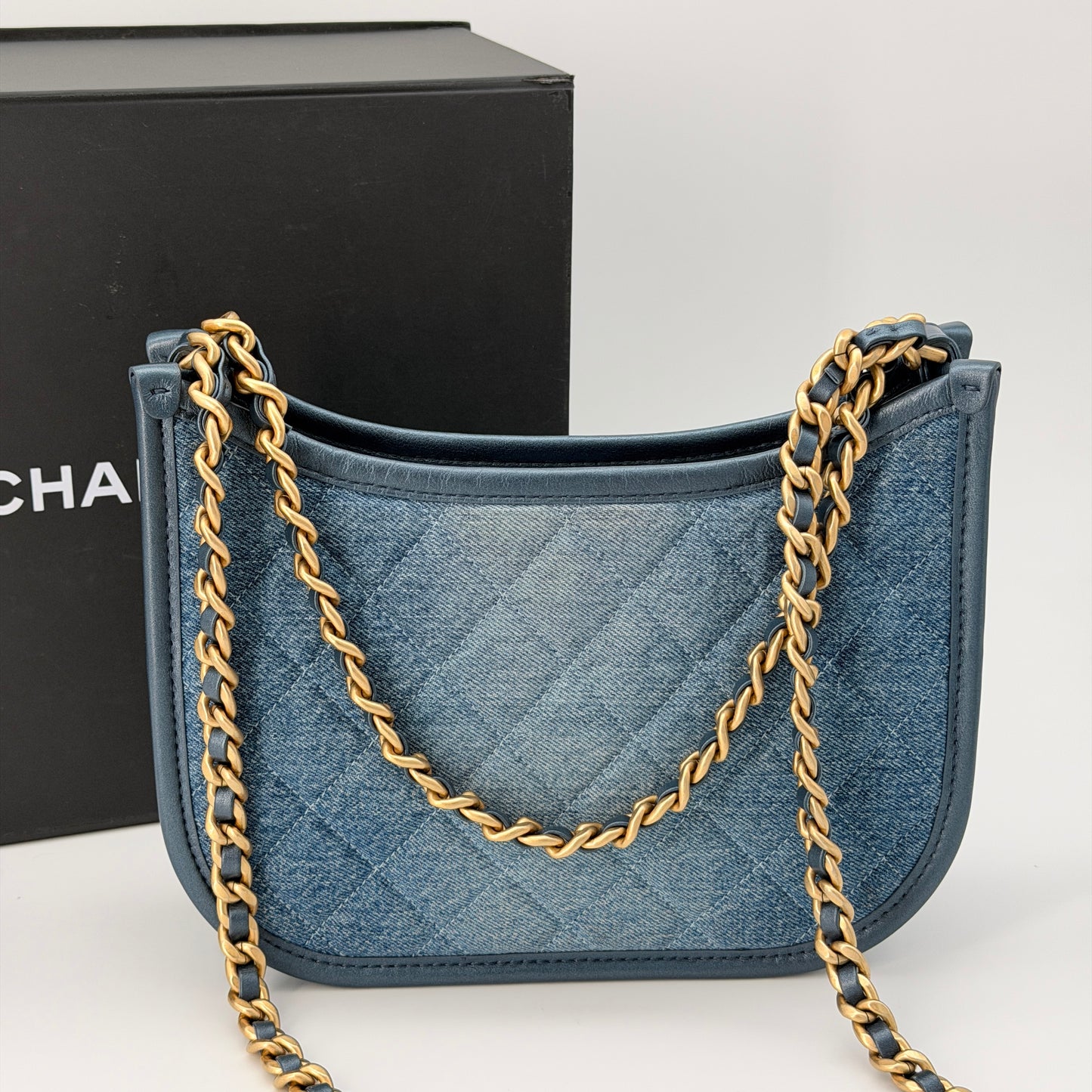 Chanel Washed Denim Quilted Hobo Blue