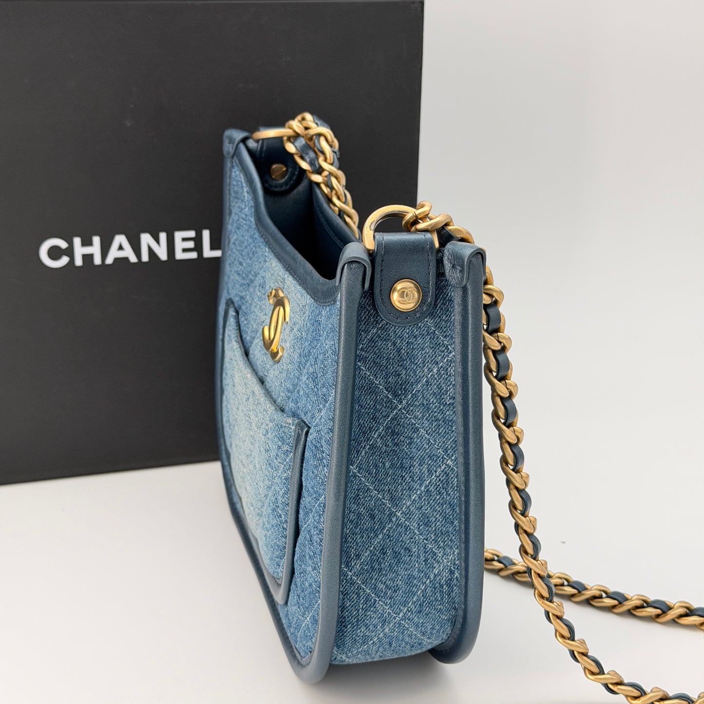 Chanel Washed Denim Quilted Hobo Blue
