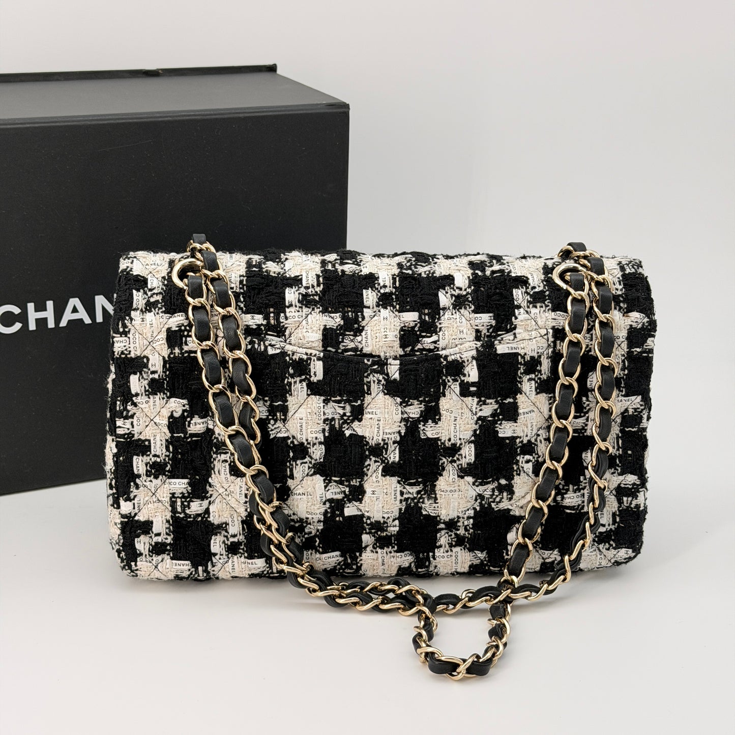 Chanel Classic Single Flap Bag Quilted Houndstooth Tweed