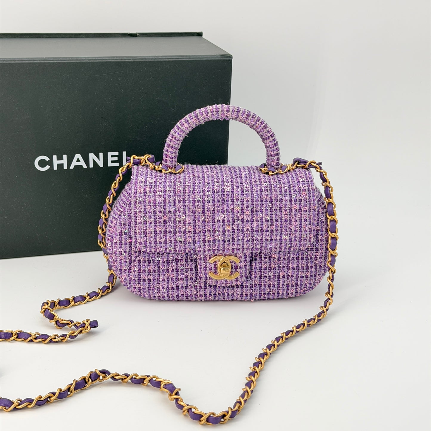 Chanel Sequin Flap Bag with Top Handle Purple Tweed