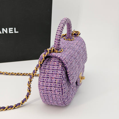 Chanel Sequin Flap Bag with Top Handle Purple Tweed