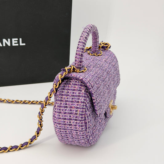 Chanel Sequin Flap Bag with Top Handle Purple Tweed