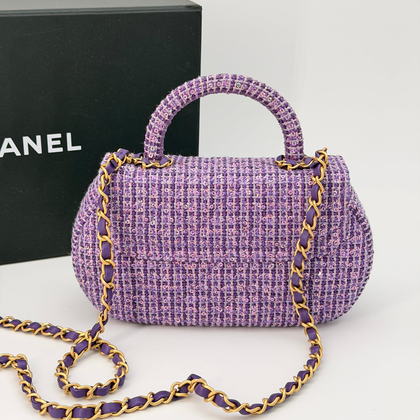 Chanel Sequin Flap Bag with Top Handle Purple Tweed